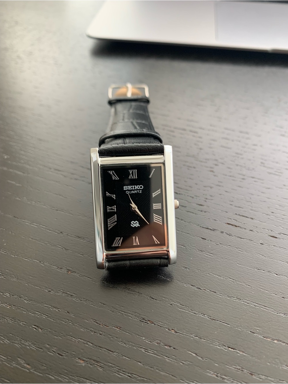 Vintage Seiko Tank watch Black dial Silver Bezel